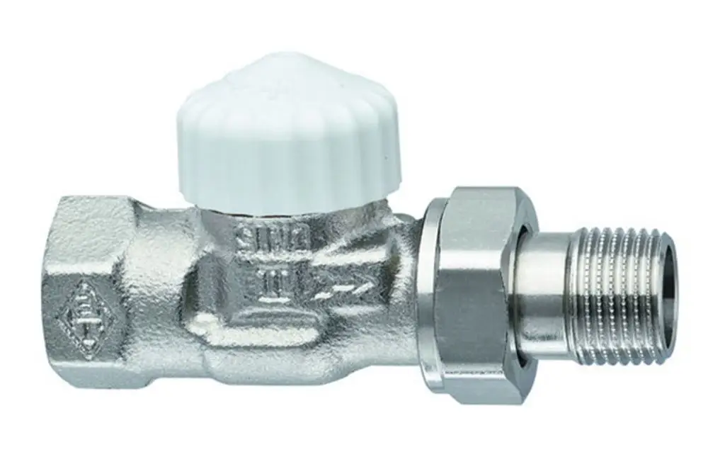 Thermostatventilunterteil aus vernickeltem Metall mit einem weißen Drehgriff. Das Produkt stammt von IMI Hydronic Engineering und dient zur Regelung des Durchflusses in Heizungsanlagen.
